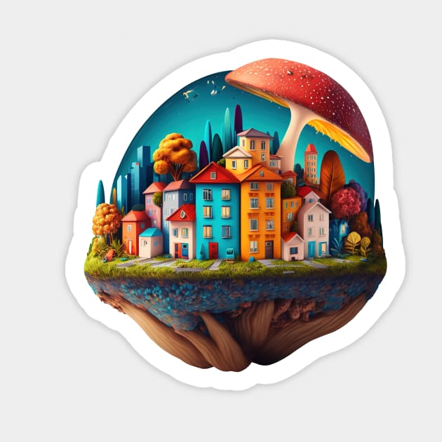 Little City under a Mushroom | Psychedelic Art Sticker by Trippinink